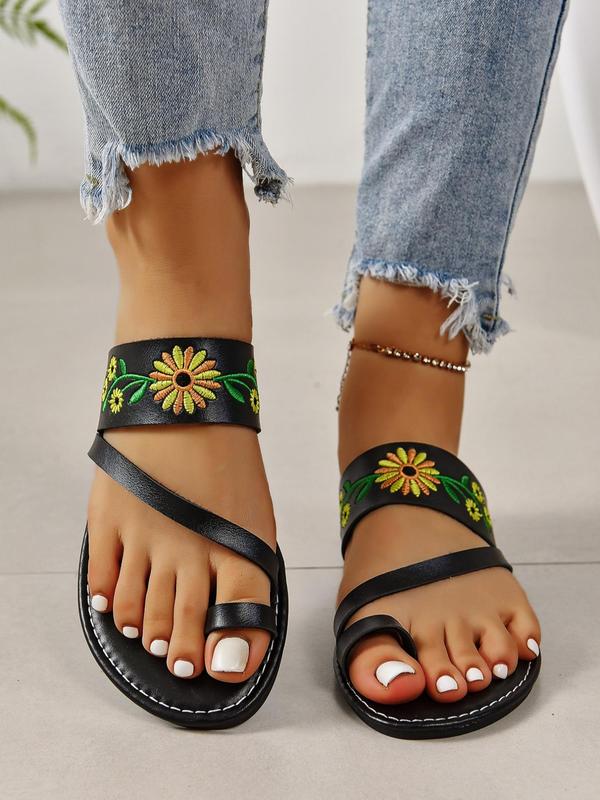 Women's Fashionable Floral Embroidering Slide Sandals, Casual Versatile Beach Popular 2024 Summer Sandals, Vintage All-match Flat Sandals for Women and Girls