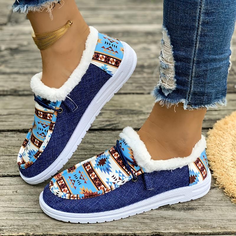 Cozy Fluffy Tribal Loafers - Women's Soft Sole Warm Plush Lined Winter Shoes for Snow - Non-slip Round Toe Comfortable Slip-Ons with Breathable Lining