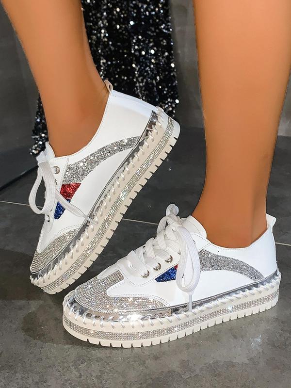 Women's Fashionable Rhinestone Decor Lace Up Low Top Platform Sneakers, Casual Comfortable Thick Sole Sports Shoes for Daily Wear, Perfect for Students and Outdoor Sports