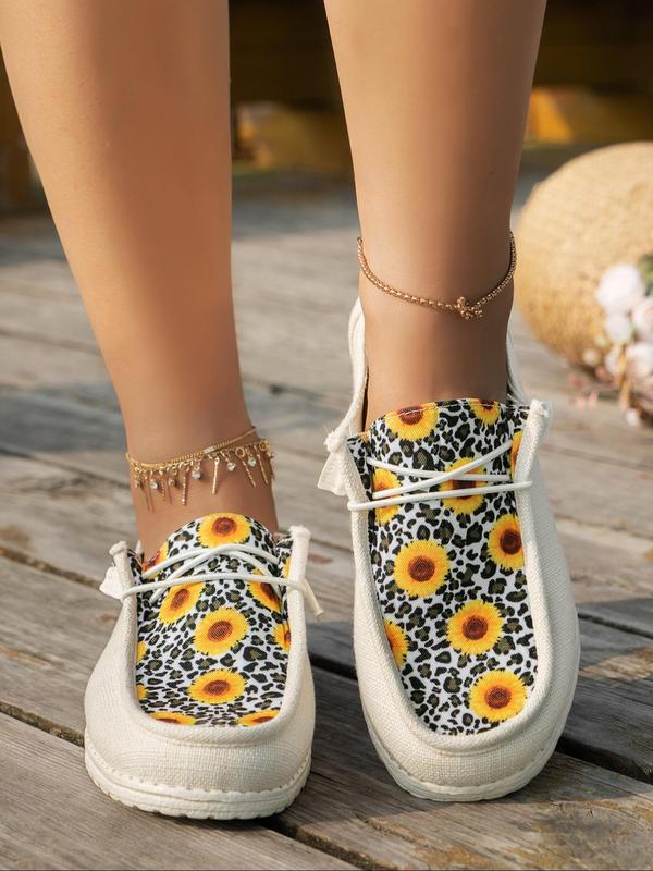 Women's Fashionable Sunflower & Leopard Pattern Lace Up Low Top Loafers Shoes, 1 Pair Casual Comfortable Walking Shoes for Daily Wear, Perfect for Students and Outdoor Sports