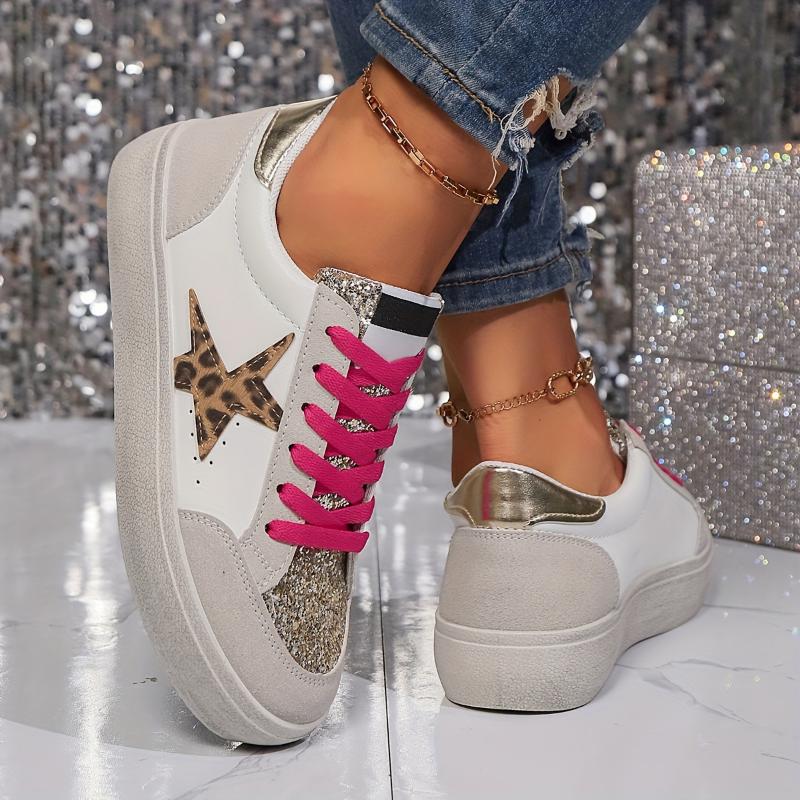 Women's Sequined Star Skate Shoes, Trendy Lace-Up Low Top Sneakers for Students and Fashionistas Training Sports Shoes