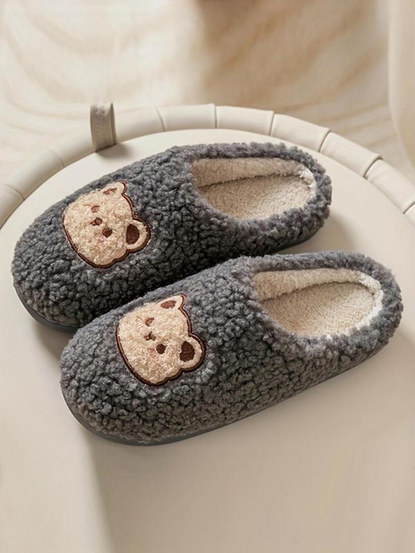 Women's Cute Cartoon Bear Decor Plush Slippers, Soft Comfy Fuzzy Bedroom Slippers, Warm Home Slippers for Fall & Winter