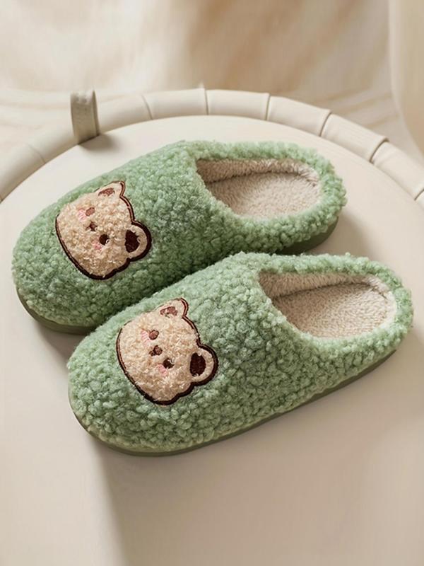 Women's Cute Cartoon Bear Decor Plush Slippers, Soft Comfy Fuzzy Bedroom Slippers, Warm Home Slippers for Fall & Winter