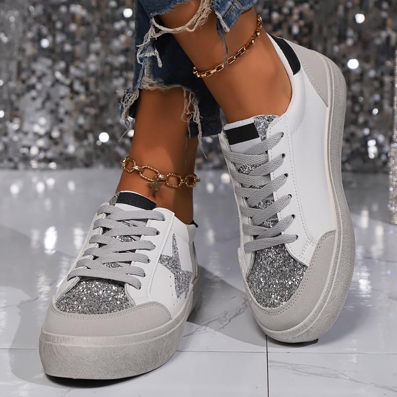 Women's Sequined Star Skate Shoes, Trendy Lace-Up Low Top Sneakers for Students and Fashionistas Training Sports Shoes