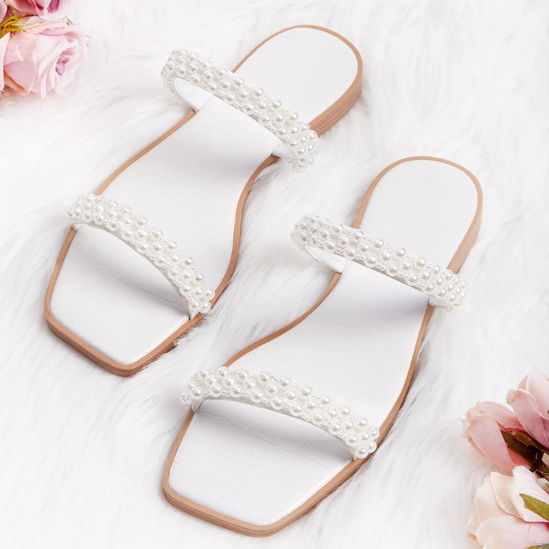 Womens Flat Sandals Square Open Toe Pearl Two Strap Slip On Beach Slide Dressy Sandal