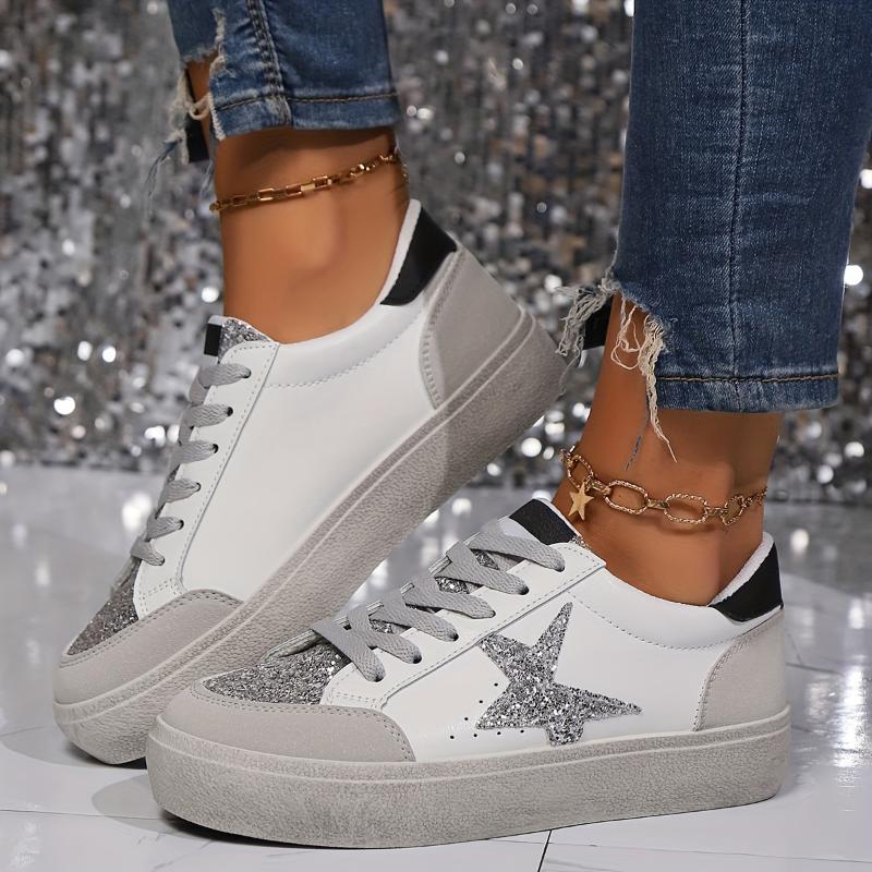 Women's Sequined Star Skate Shoes, Trendy Lace-Up Low Top Sneakers for Students and Fashionistas Training Sports Shoes