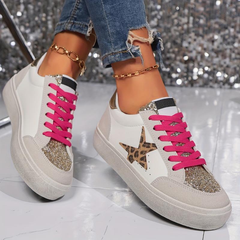 Women's Sequined Star Skate Shoes, Trendy Lace-Up Low Top Sneakers for Students and Fashionistas Training Sports Shoes