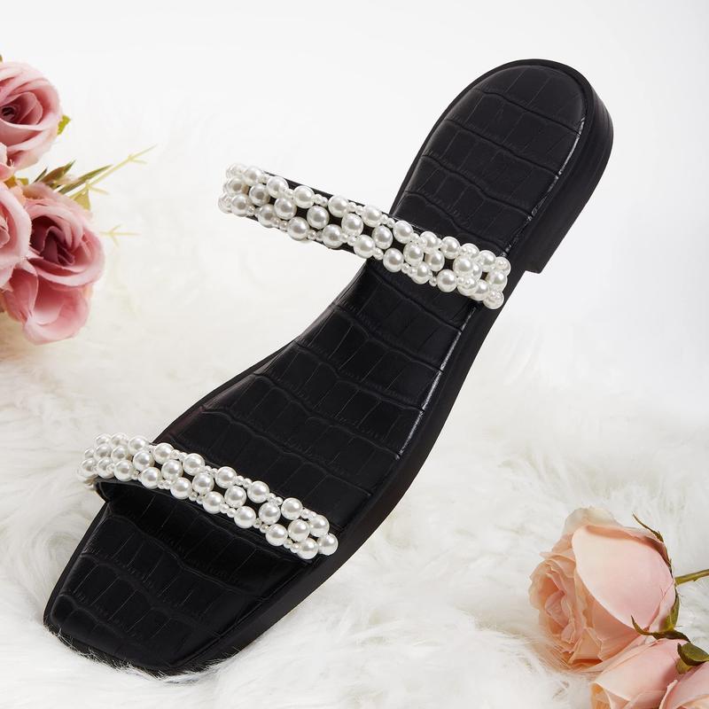 Womens Flat Sandals Square Open Toe Pearl Two Strap Slip On Beach Slide Dressy Sandal