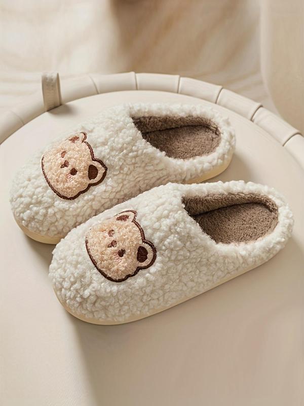 Women's Cute Cartoon Bear Decor Plush Slippers, Soft Comfy Fuzzy Bedroom Slippers, Warm Home Slippers for Fall & Winter