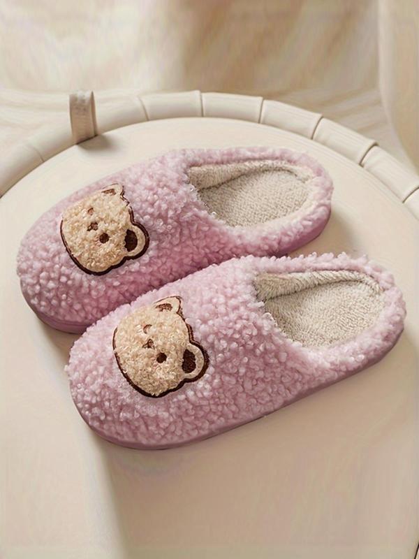 Women's Cute Cartoon Bear Decor Plush Slippers, Soft Comfy Fuzzy Bedroom Slippers, Warm Home Slippers for Fall & Winter