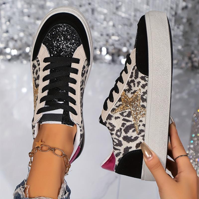 Women's Sequined Star Skate Shoes, Trendy Lace-Up Low Top Sneakers for Students and Fashionistas Training Sports Shoes