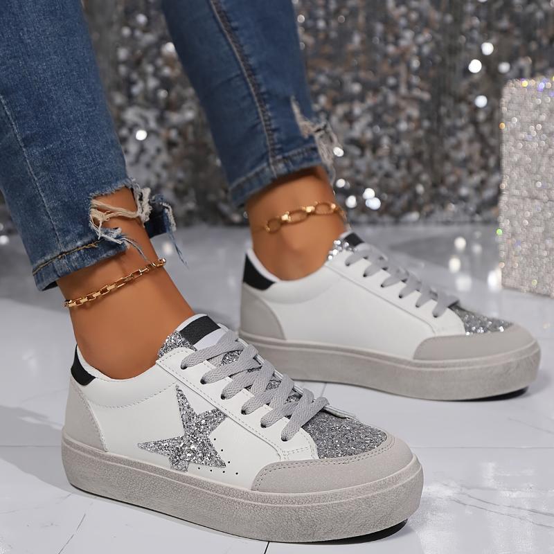 Women's Sequined Star Skate Shoes, Trendy Lace-Up Low Top Sneakers for Students and Fashionistas Training Sports Shoes