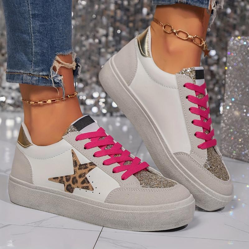 Women's Sequined Star Skate Shoes, Trendy Lace-Up Low Top Sneakers for Students and Fashionistas Training Sports Shoes